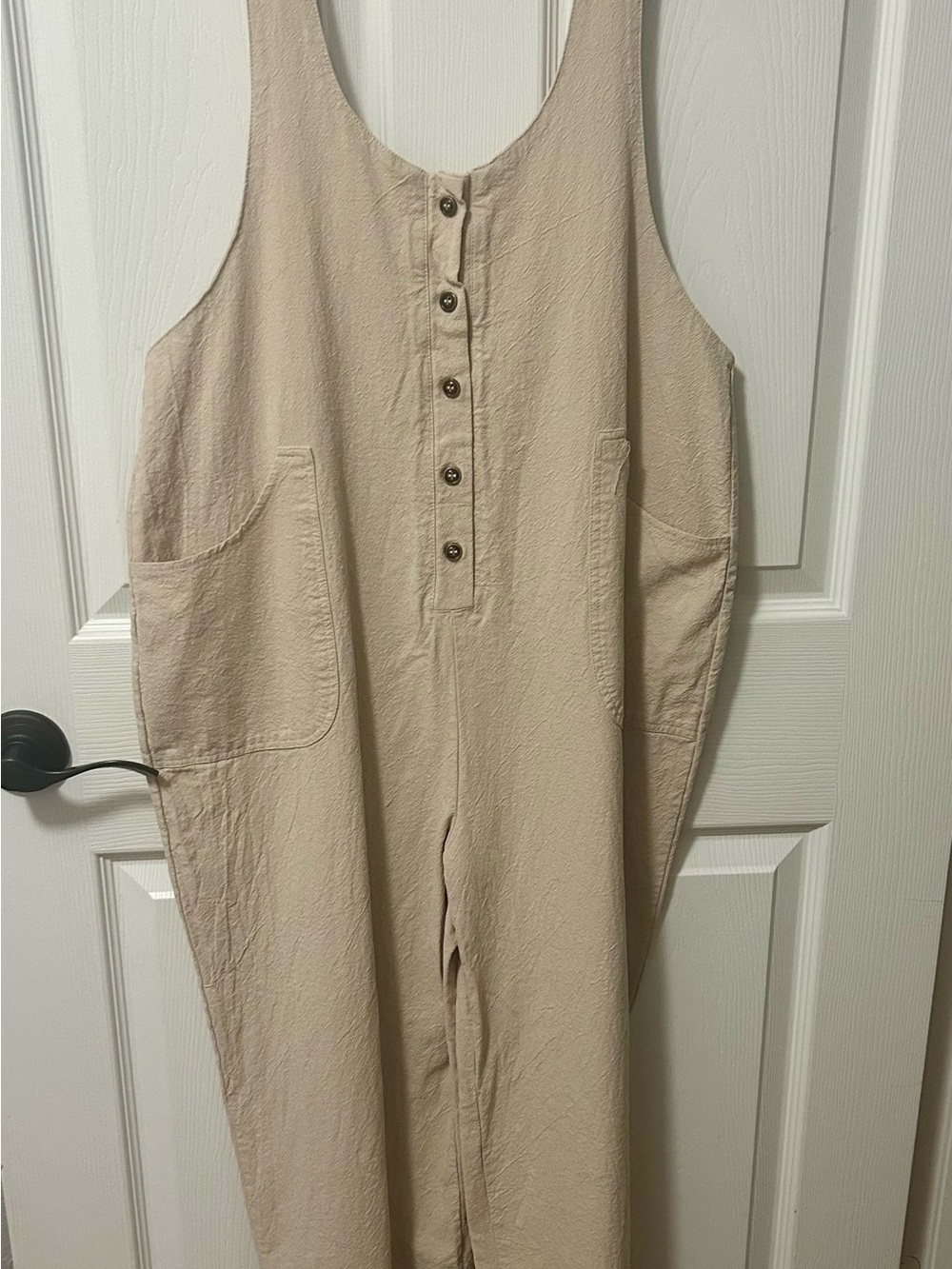 Neutral Beige Pocket Jumpsuit - Women's Relaxed Fit overalls L linen/cotton